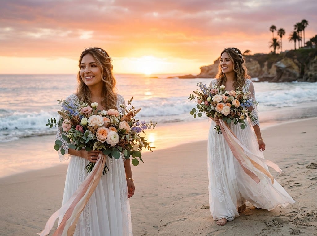 Novia con ramo de flores al atardecer